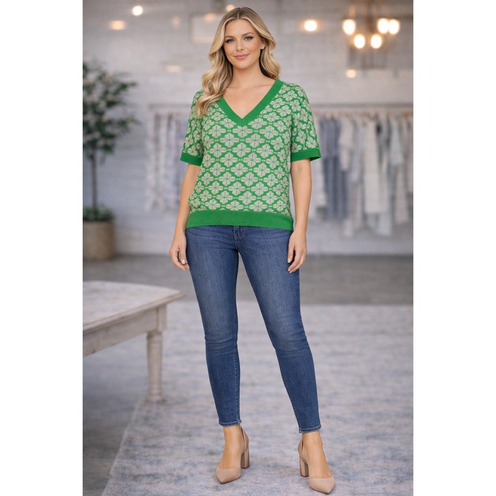 KATE SPADE Green Clover Metallic Sweater Top Blouse V Neck MEDIUM NJMU A608